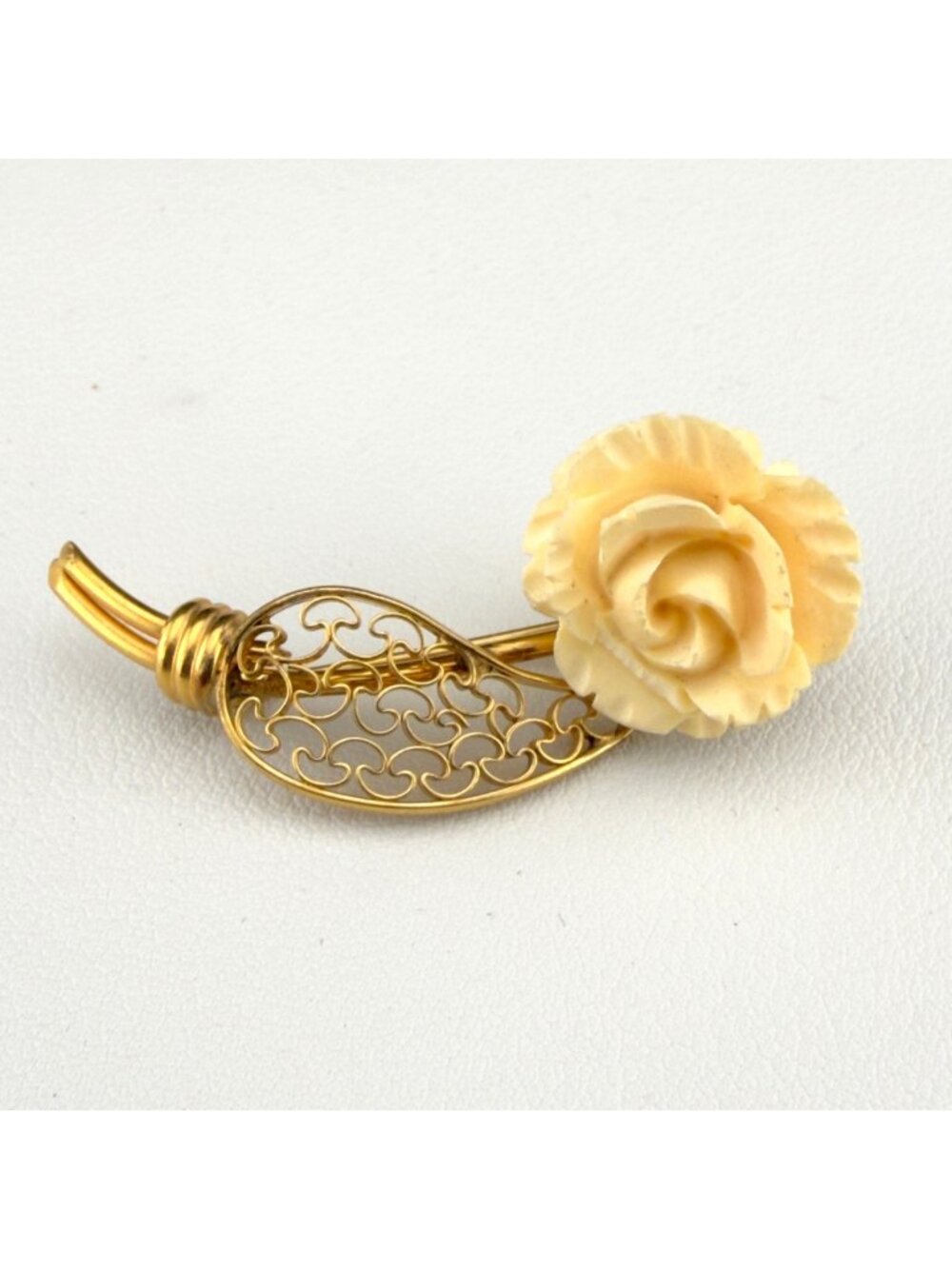Vintage 1/20 12GF White Carved Rose Brooch Gold Tone Filigree READ